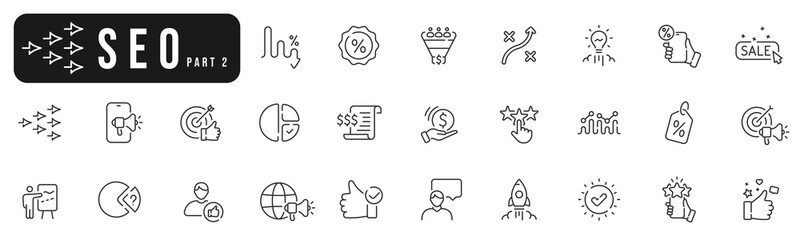Set of seo line icons. Marketing, search, analysis, click, graph, advertising etc. Editable stroke