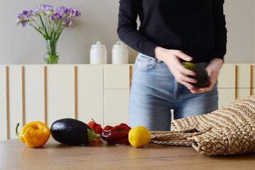 Out of City Life. Healthy Eating, Diet, Organic Vegetables. Vegetarian concept. Kitchen scene with Fresh Food on the Table. Organic Products from Farmer. Healthy Meal.