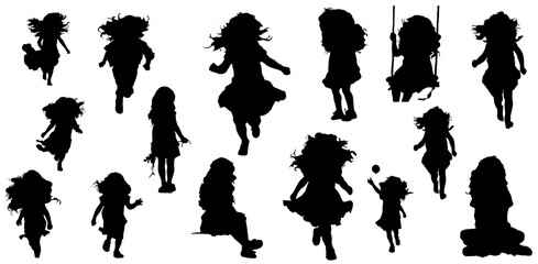 silhouettes of Kids girls dancing and playing