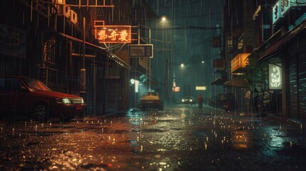 cyberpunk backstreet slums, rain, night, volumetric fog