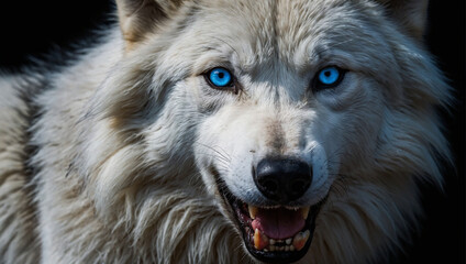 White wolf, blue eyes, big teeth, black background. generative AI