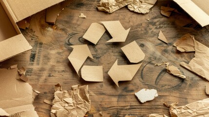 Recycled paper and cardboard with universal symbol on neutral background for eco friendly practices.
