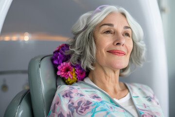 happy senior woman relaxing during pressotherapy at the spa