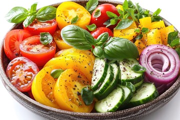 Vegetables salad on plate, marble background. Vegetarian healthy salad with lettuce, tomato, basil,...