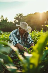 A farmer taking care of his crops in the field at dawn