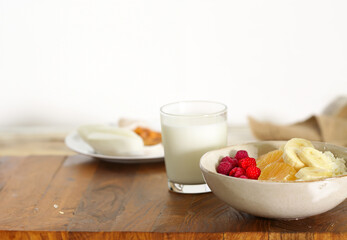 cottage cheese with fresh berries and fruits for breakfast