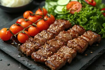 Chicken grilled shish kebab on plate. Vegetarian meal, realistic chicken with vegetables, detailed,...