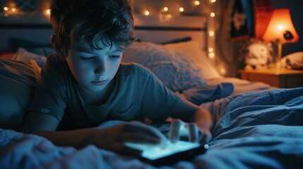Obraz premium Young boy open instagram in his smartphone. He opened it in his room.