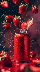 Realistic red aluminum can of refreshing soda drink with falling strawberry berries and water splash