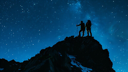 Silhouetted Hikers Conquer Mountain Peak Under Starry Night Sky