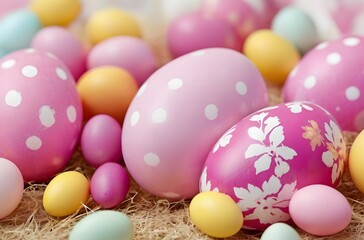 Fototapeta na wymiar A festive display of variously sized Easter eggs adorned with polka dots and floral patterns. The pastel-colored eggs, in shades of pink, purple, and yellow, are nestled cozily.