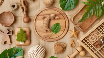 Eco fiendly child wooden toys. Sustainable, developmental, sensory toys for babies and toddlers. Top view, flat lay