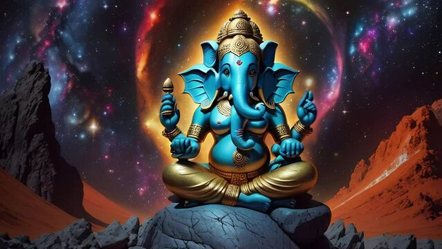 Ganesha statue on background of futuristic cosmic animation. Colorful night sky with stars and galaxies . AI generated cosmic animation with transformations