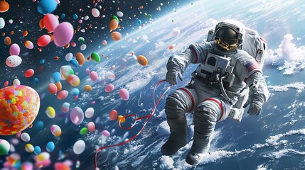 An imaginative digital art piece where a spaceman is floating in space tethered to a spacecraft