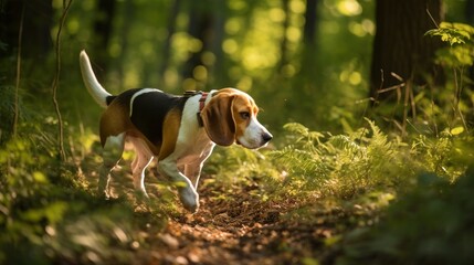 A Beagle sniffing out a trail in the woods demonstrating its natural hunting instincts and keen sense of smell - obrazy, fototapety, plakaty