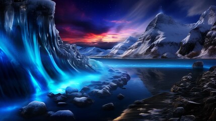 Naklejka premium A frozen landscape under the northern lights where fire and ice coexist in beauty