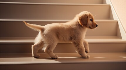 A Golden Retriever puppy learning to walk down stairs embodying learning growth and cuteness