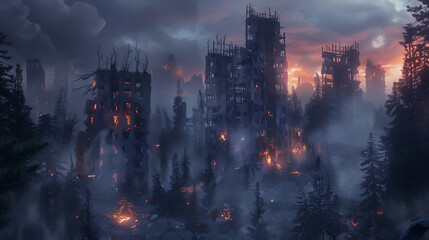 Postapocalyptic wasteland with nature reclaiming ruined cities and survivors encampments glowing at night - obrazy, fototapety, plakaty