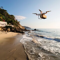 Fototapeta na wymiar Drone delivering a cardboard package to a beachfront resort in the morning. The scenic beauty of the coastal landscape combined with the cutting-edge technology of the drone