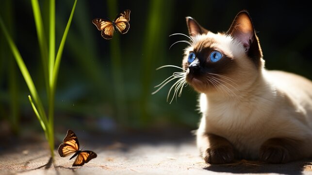 Siamese cat intently watching a fluttering butterfly a moment of curiosity and grace realistically nature sunlight The golden mean