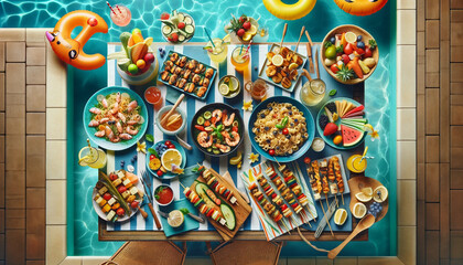 Top-down view of a summer pool party, featuring a seafood pasta salad, and pitchers of lemonade and iced tea, set around a swimming pool with colorful decorations and poolside loungers