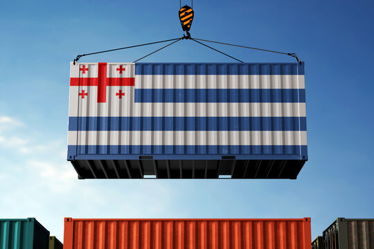 Adjara trade cargo container hanging against clouds background