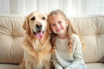 Smiling little girl sitting on the sofa with her beloved dog and hugging her