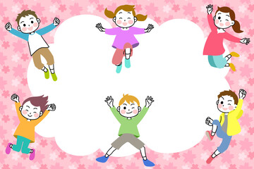 イラスト素材：元気いっぱいにジャンプする子供たち　桜フレーム