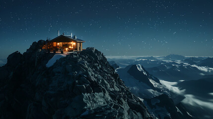 Starry Night Over a Cozy Mountain Refuge Amidst Snowy Peaks - obrazy, fototapety, plakaty