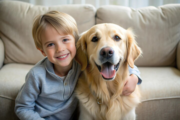 Smiling little boy with his beloved dog sitting on the sofa and hugging her