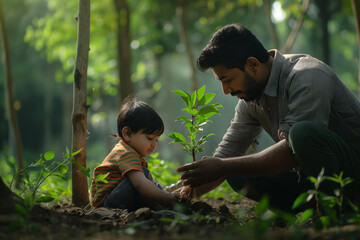 father hand planting tree with his kid in a forest