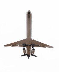 An isolated passenger aircraft from below during its landing approach on a transparent background