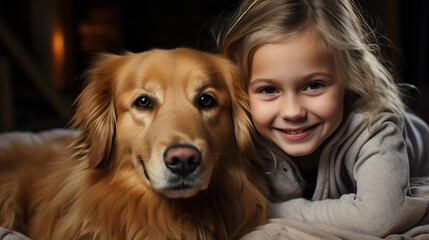 Happy girl embracing Golden Retriever while lying