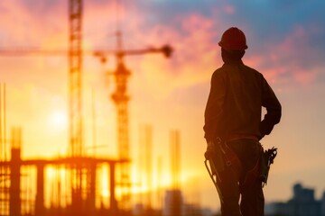 Silhouette engineer standing orders for construction crews to work on high ground heavy industry and safety concept over blurred natural background sunset pastel wide angle lens realistic lighting. - obrazy, fototapety, plakaty