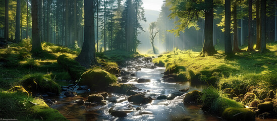 A stream gracefully winds its way through a dense forest, surrounded by vibrant green trees and...