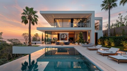 Fototapeta premium Modern White House with Pool Oasis and Tropical Sunrise