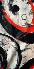 An abstract painting featuring bold black and red strokes with dynamic white accents on a textured background, creating a striking visual contrast.