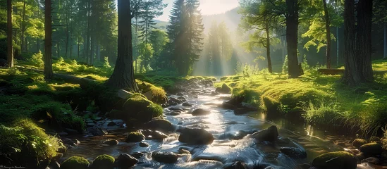 A stream gracefully winds its way through a dense forest, surrounded by vibrant green trees and foliage. The sunlight filters through the canopy, casting dappled shadows on the forest floor. © assia