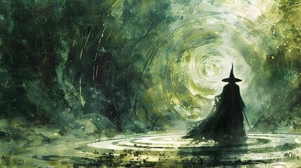 Black Wizard in Stormy Forest with Wand, To convey a sense of mystery, magic, and the supernatural, suitable for use in fantasy, occult