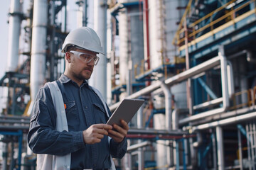 Male engineer with tablet in front of oil refinery
