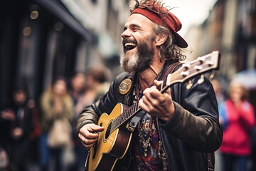 Cheerful street performer, entertaining a crowd with their captivating music on a bustling city...