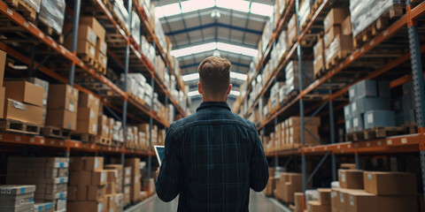 A businessman stands contemplatively in a vast warehouse, surrounded by high shelves stacked with boxes, contemplating logistics strategies.