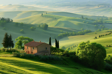 Obraz premium Idyllic Tuscan landscape with rolling hills and rustic farmhouse