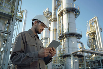 Male engineer with tablet in front of oil refinery