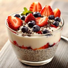 Greek yogurt in a glass with strawberries and blueberries on the table