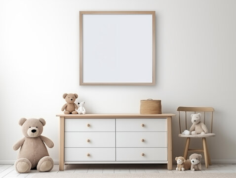 Mock-up of a picture on the wall of a children's room with a dresser and teddy bears