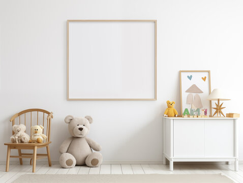 Mock-up of a painting on the wall of a children's room with a bedside table and stuffed animals