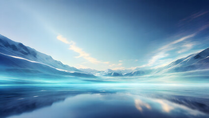 An ice valley under a clear blue sky, with distant mountains blanketed in ice. The ground mirrors the sky and is ideal as mesmerizing wallpaper.