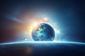 A realistic earth globe with atmospheric details is set against a dark backdrop, dramatically illuminated by light emanating from behind.