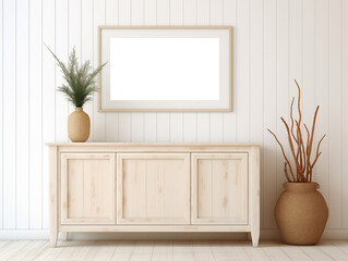 Mockup of a picture on the wall in a beach style living room with a wooden sideboard and green plants. Frame for posters